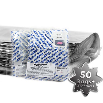 Mylar Food Storage Bags 18in. x 28in. with Ziplock and Oxygen Absorbers 2000cc - 50 pack